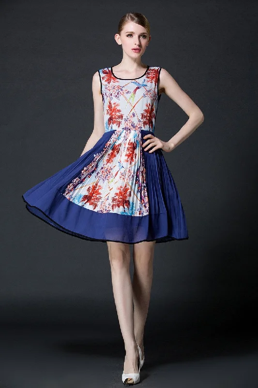 Floral Print Pleated Chiffon Dress Pencil Office Professional