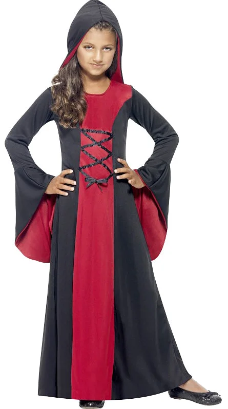 Girls Hooded Vampire Halloween Vampiress Fancy Dress Costume Maxi Flowy Bohemian