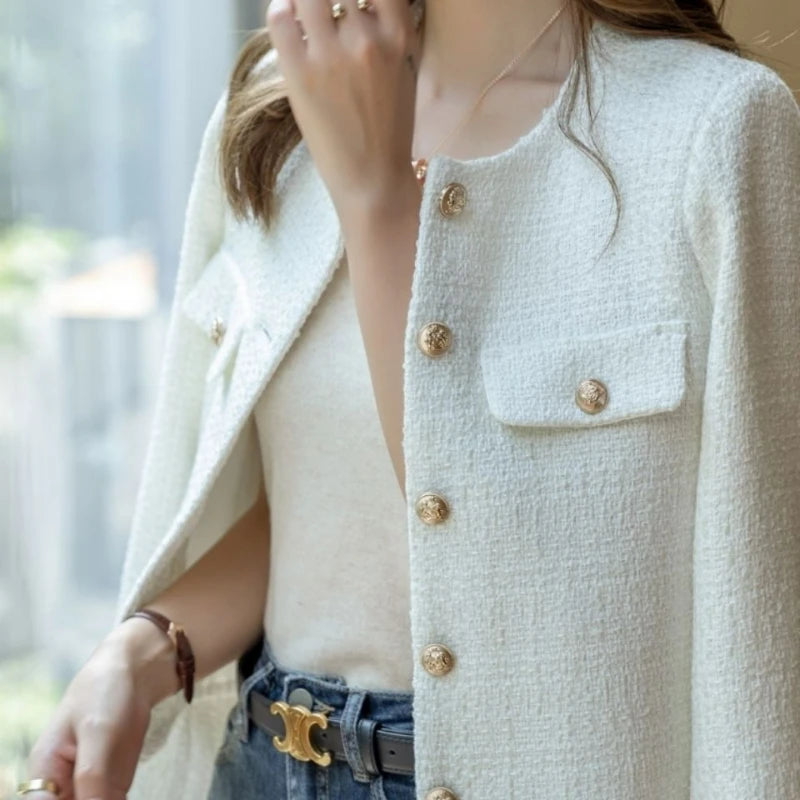 Spring and Autumn Korean Coats Women Jacket New French Wool Tweed Coat Fashion High-end Gold Button Short Slim Temperament Belted Jacket Elasticated Jacket Padded Jacket