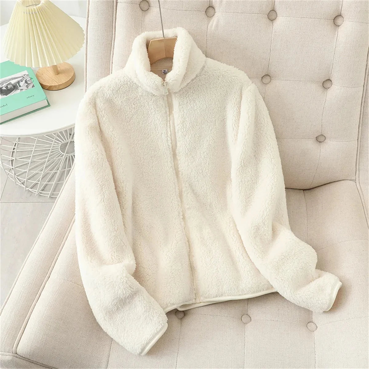 Women's Solid Color Fleece Coat Autumn Winter Warm Zipper Hoodie Loose Stand Collar Jacket Fashion Casual Elegant Ladies Clothes A-Line Jacket Boat Neck Shawl Collar