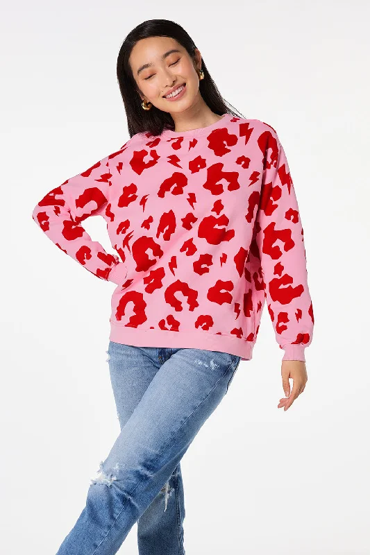 Pink with Red Mega Leopard Oversized Sweatshirt Hoodie with Hem Detail Decorative Unique