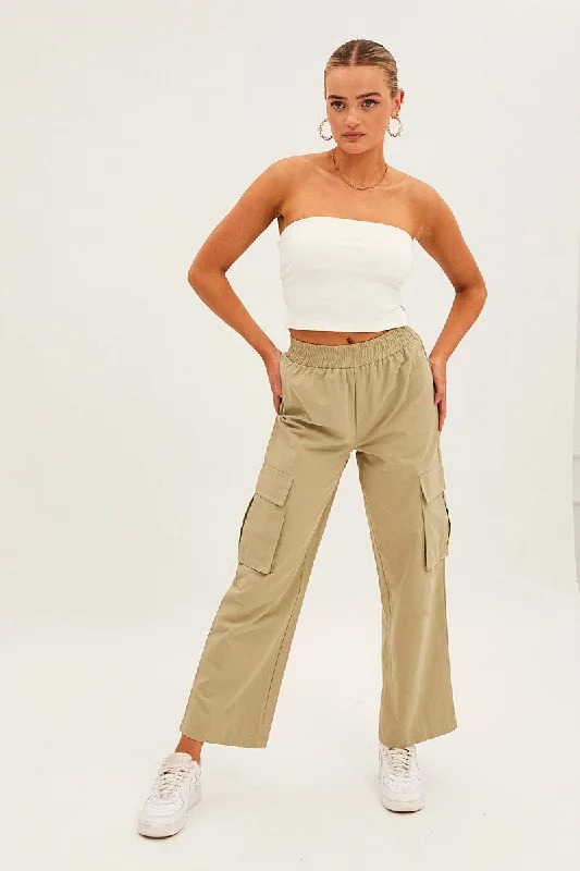 Green Elastic Waist High Rise Wide Leg Cargo Pants High-Waist Yoga Pants