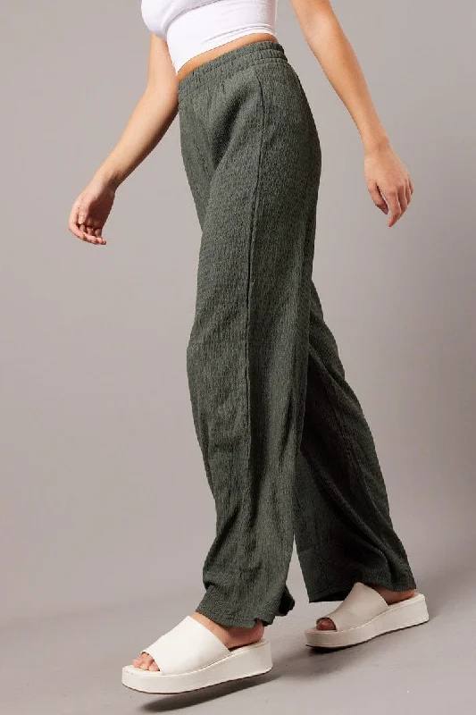 Green Wide Leg Pants Elasticated Waist Stylish Slim Trousers