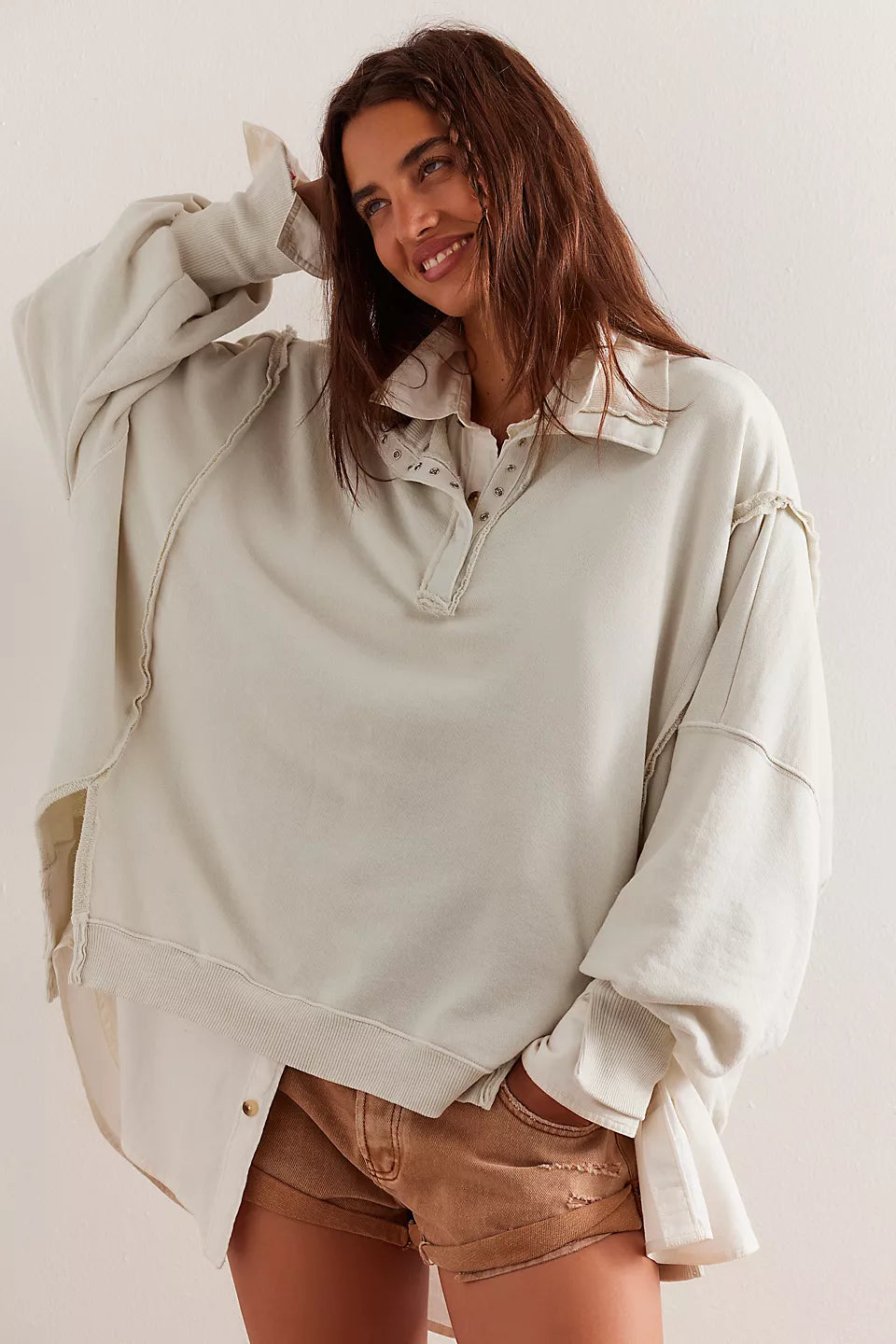 Free People We The Free Camden Henley Sweatshirt - GREY OPAL Hoodie with Tied Waist Feminine Flattering
