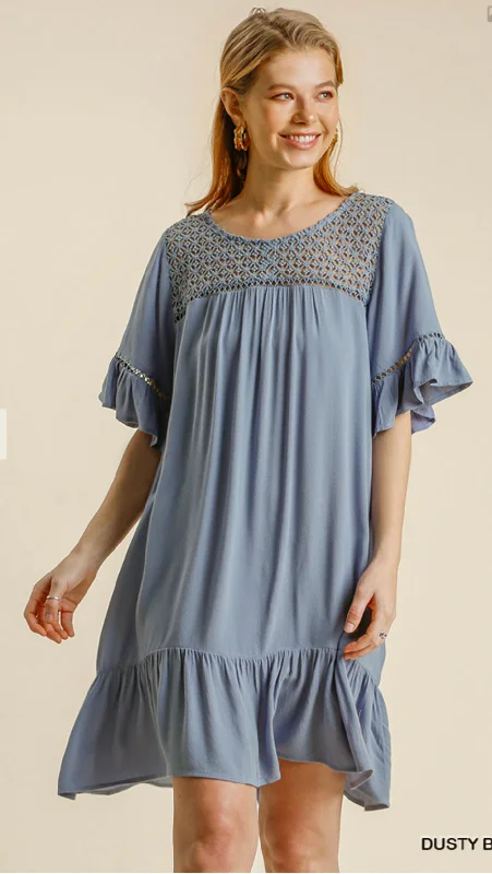 Dusty Blue Crochet Yoke Dress Tunics Canvas sturdy