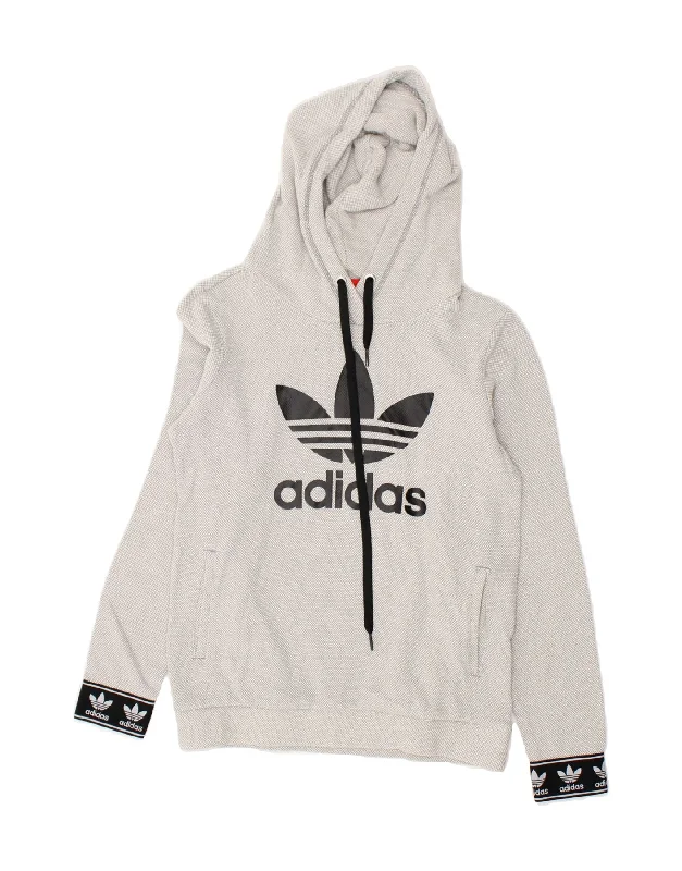 ADIDAS Womens Graphic Hoodie Jumper UK 10 Small  Grey Cotton Hoodie with Sequins Glamorous Eye-catching