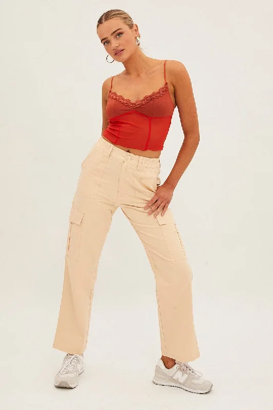 Beige High Rise Wide Leg Cargo Pants Trendy Wide-Legged Trousers