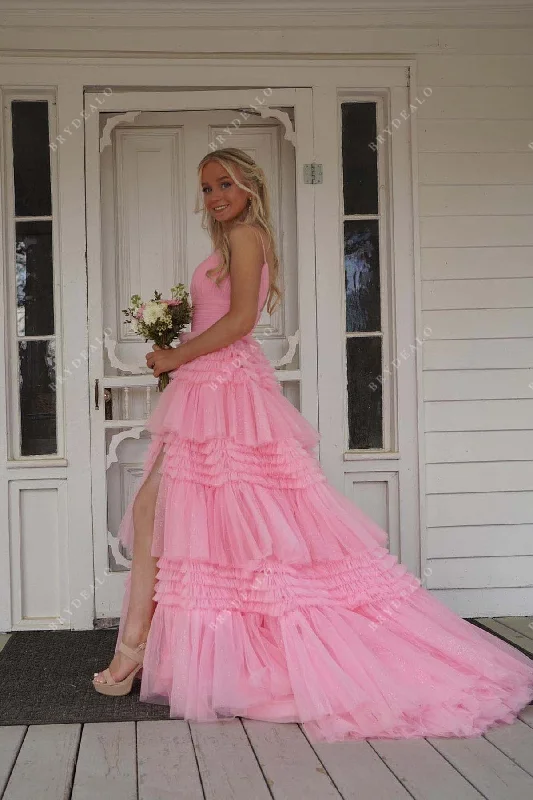 Homecoming Dress | Pink Thin Straps Layered A-Line Formal Gown Tunics Chic elegant