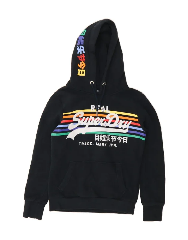 SUPERDRY Womens Graphic Hoodie Jumper UK 8 Small Navy Blue Cotton Hoodie with Applique Textured Unique