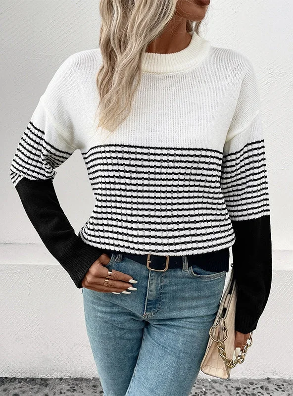 FASHION LONG SLEEVE STRIPED CONTRAST SWEATER Lace Blend Ribbed Blend Corduroy Blend