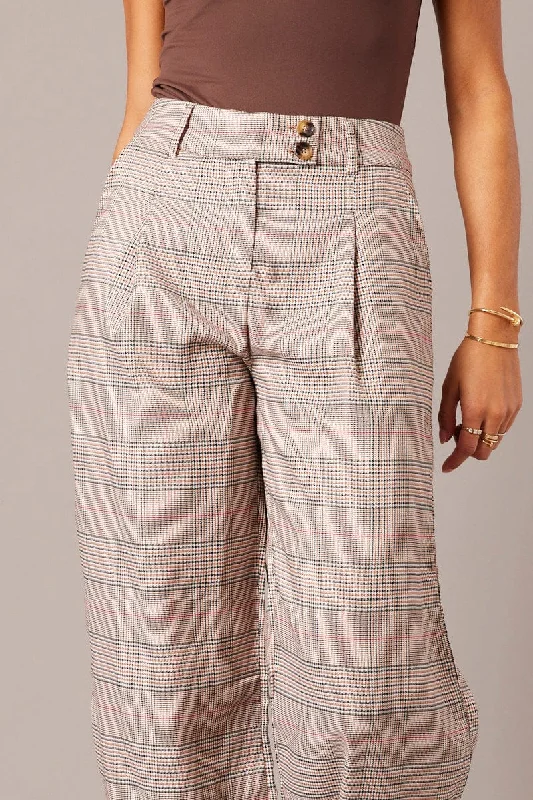 Beige Check Wide Leg Pants Tailored Formal Linen Trousers