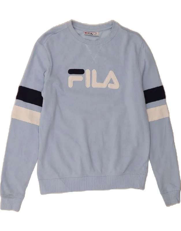 FILA Womens Oversized Sweatshirt Jumper UK 10 Small Blue Colourblock Hoodie with Zipper Versatile Modern