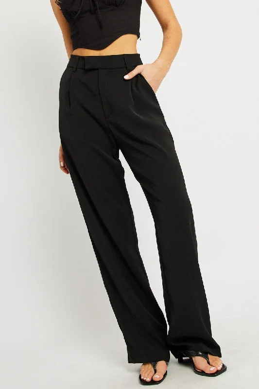 Black Wide Leg Pants Mid Rise Classic Chino Pants