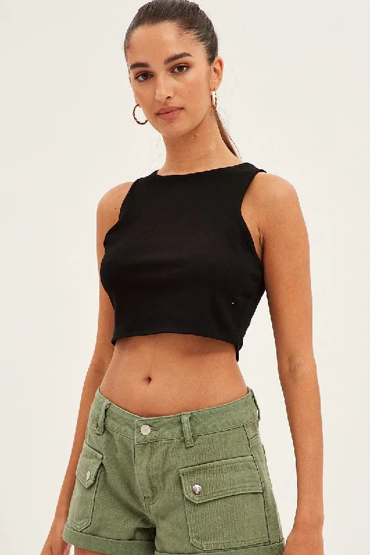 Black Crop Tank Top Cotton one shoulder tank