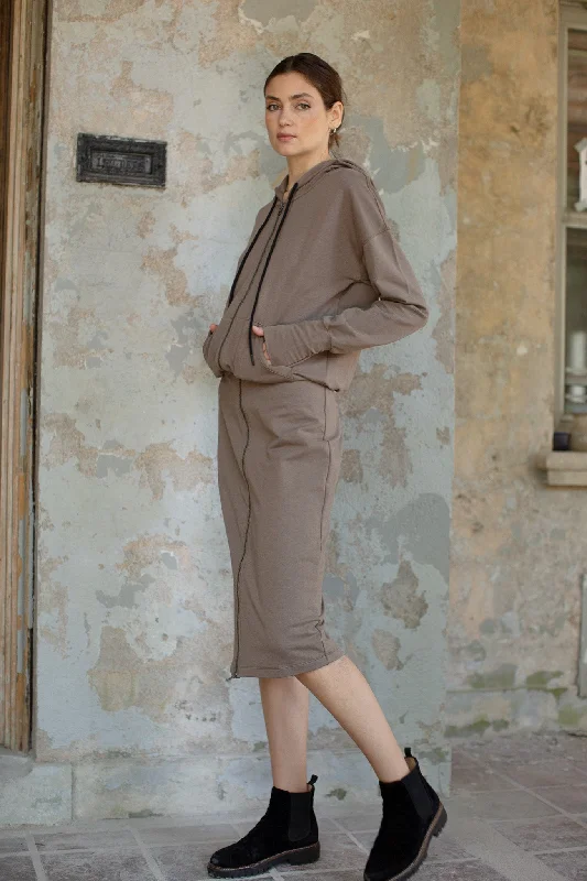 Front Zip Hoodie Dress- Taupe Hoodie with Illustration Artistic Creative