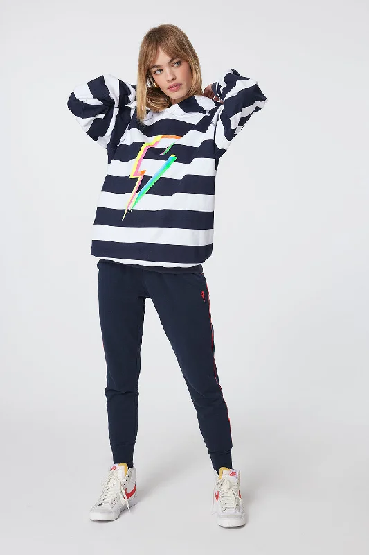 Navy with White Stripe and Rainbow Bolt Hoodie Hoodie with Puffed Sleeves Voluminous Trendy