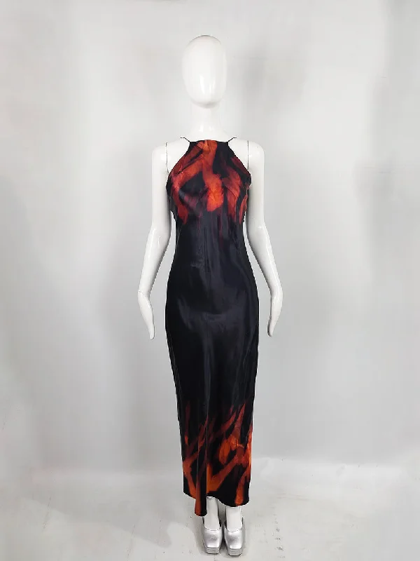 Anthea Mooney Vintage Flame Print Acid Treated Satin Slip Dress, 1980s Tunics Sophisticated sleek