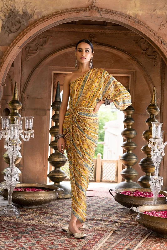 Yellow Printed One Shoulder Draped Dress Tunics Polka dots