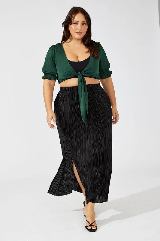 Black Midi Skirt Side Split Plisse mini skirt trendy