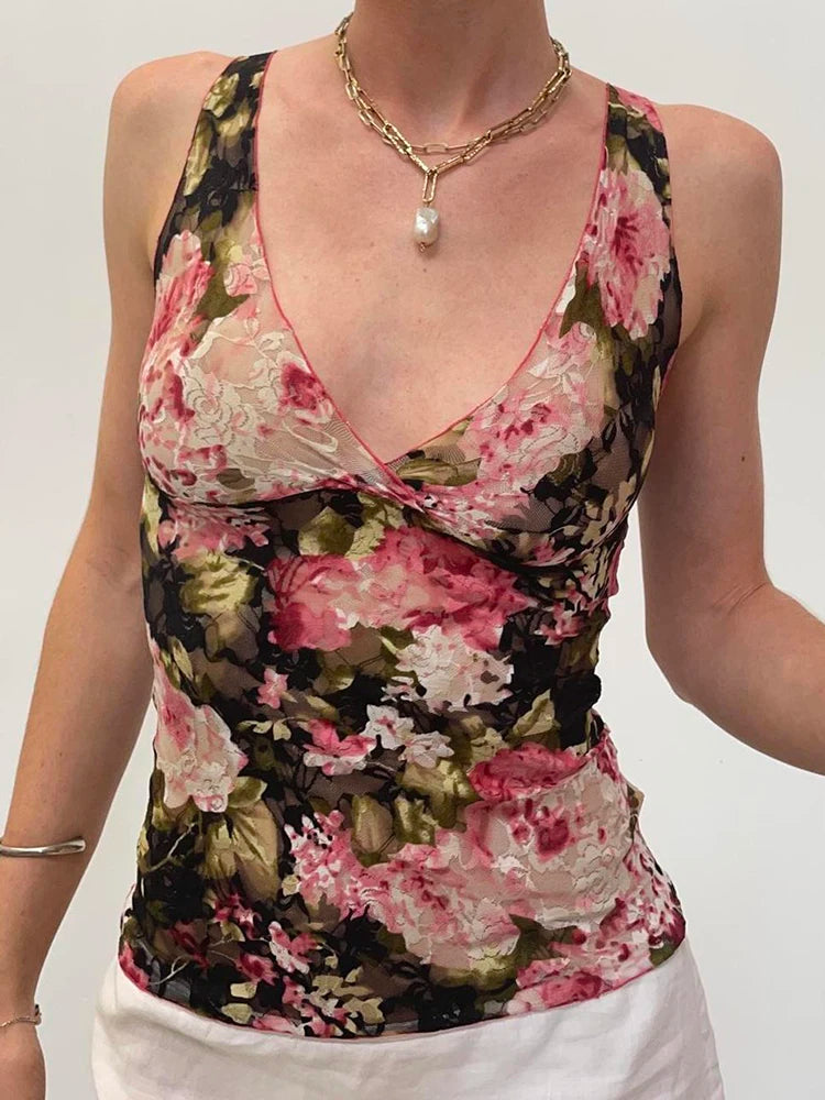 Advbridge Floral Print Lace See Through Wrap Tank Top Summer Casual Deep V Neck Sleeveless Camis Holiday Vacation Women's Clothes high neck tank