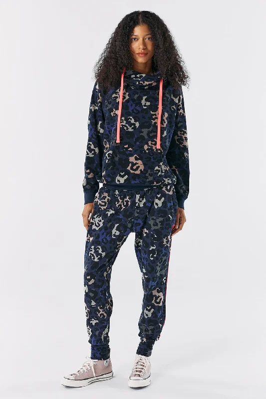 Navy Camo Leopard Cowl Neck Hoodie Hoodie with Rolled Sleeves Casual Relaxed