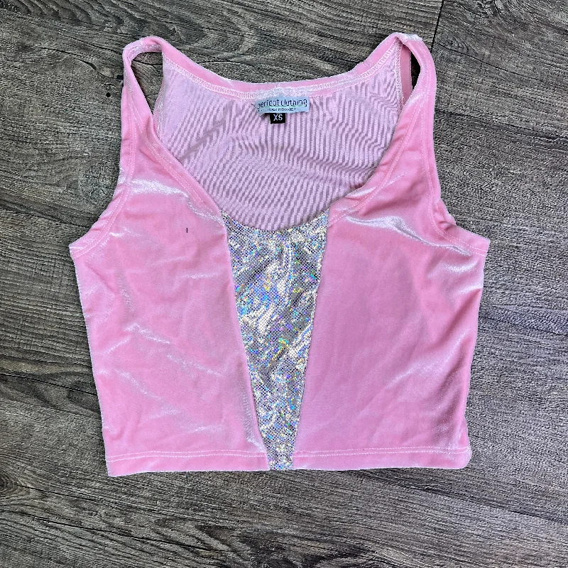 SALE - XS ONLY - Inset Crop Tank Top - Pink Velvet/Pink Holo metallic tank top