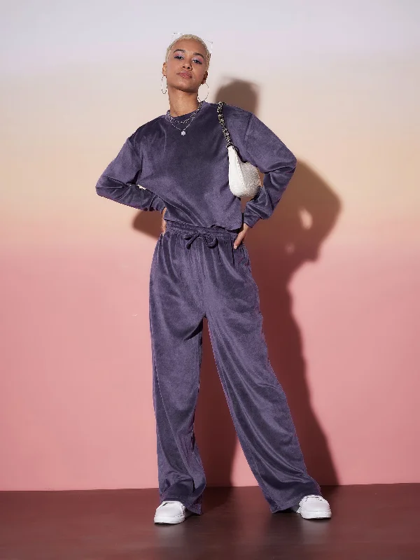 Women Purple Velour Sweatshirt With Track Pants Hoodie with Frayed Bohemian Relaxed
