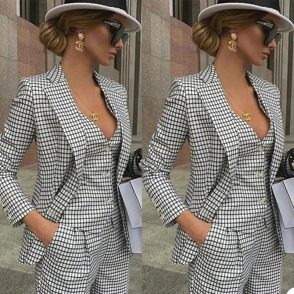 Spring Women Suits Tailored Made White/Black Plaid Mother Of Bride Dress 3 Piece Jacket+Vest+Pants Slim Fit Tailleur Femme 2023 Chenille Fabric Brocade Fabric Lace Fabric