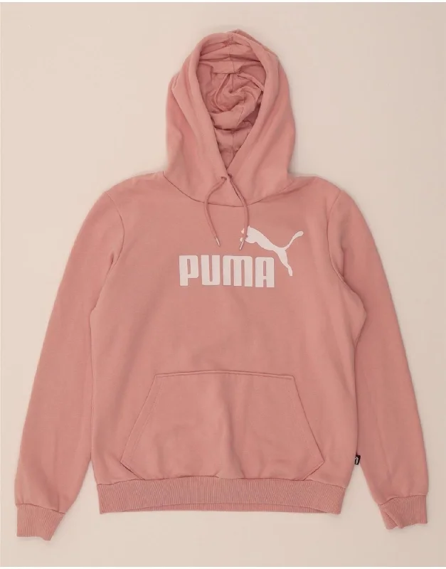 PUMA Womens Graphic Hoodie Jumper UK 14 Medium Pink Cotton Hoodie with Hem Applique Textured Unique