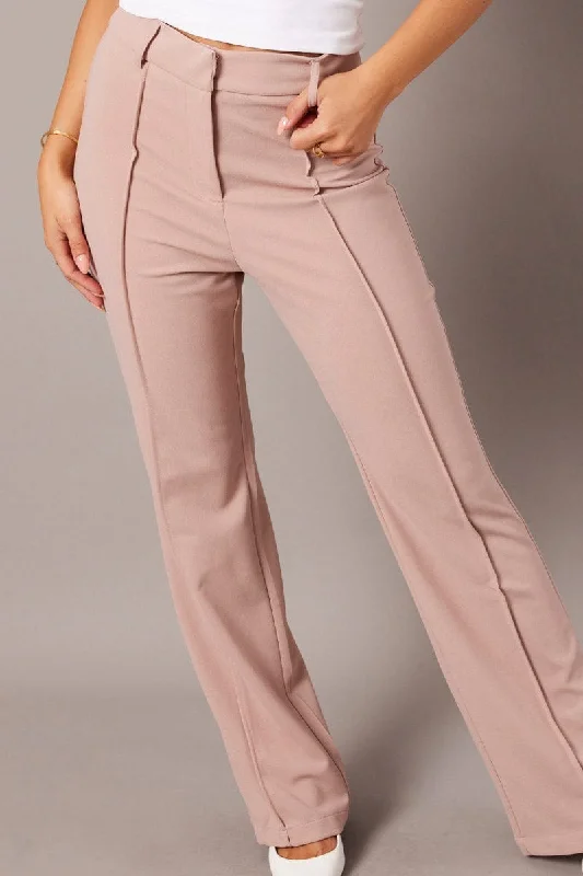 Beige Straight Fit Pants High Rise Workwear Soft Stretch Leggings