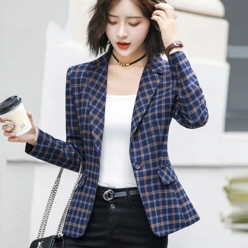 High-quality Plaid Jacket Vintage Plaid with Pocket Office Lady Casual Style Blazer Women Wear Single Button Suits Coat P342 Snapped Jacket Toggled Jacket Drawstring Jacket