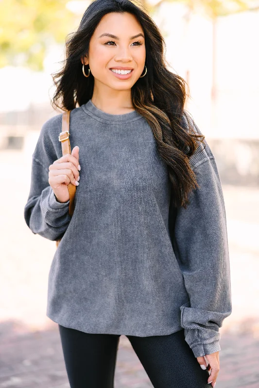 You're So Classic Charcoal Gray Corded Sweatshirt Hoodie with Lace Feminine Delicate