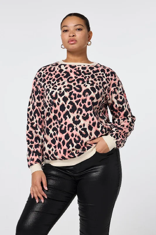 Mixed Neutral with Black Shadow Leopard Oversized Sweatshirt Hoodie with Bell Sleeves Flared Feminine