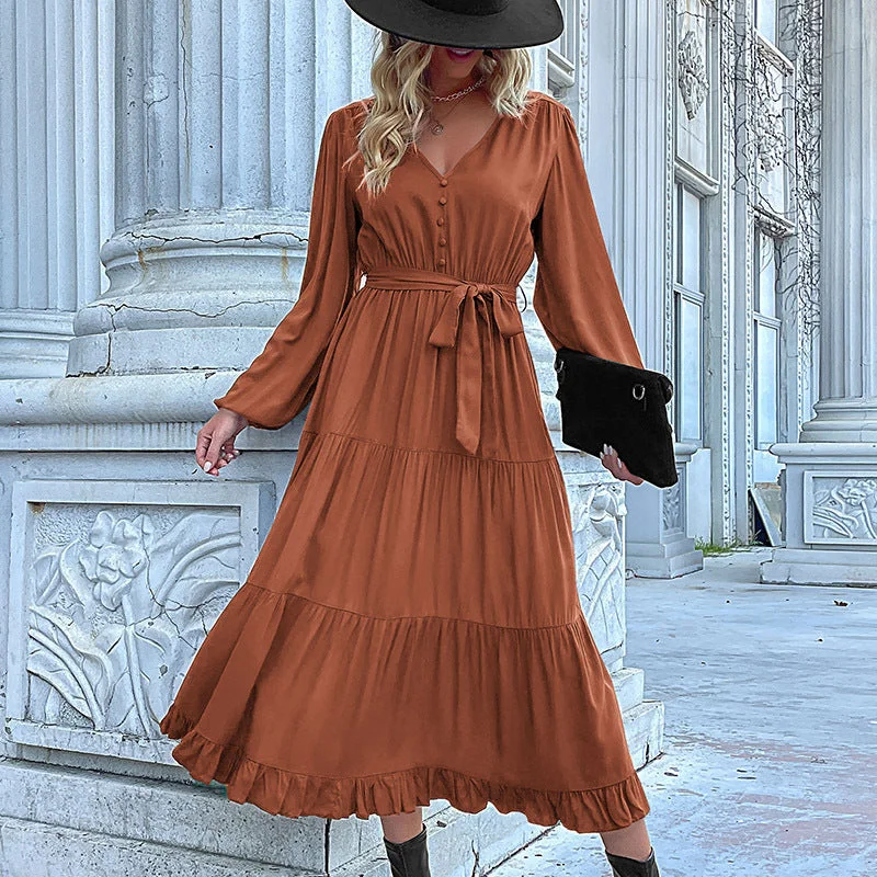 IKEARLAX  autumn and winter   independent station cross-border   trade women's long-sleeved pleated splicing dress Tunics Brand named