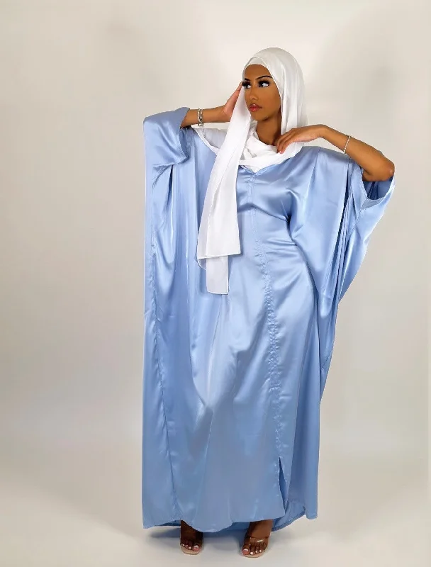 Sky blue butterfly satin dress Cowl Neckline Elegant