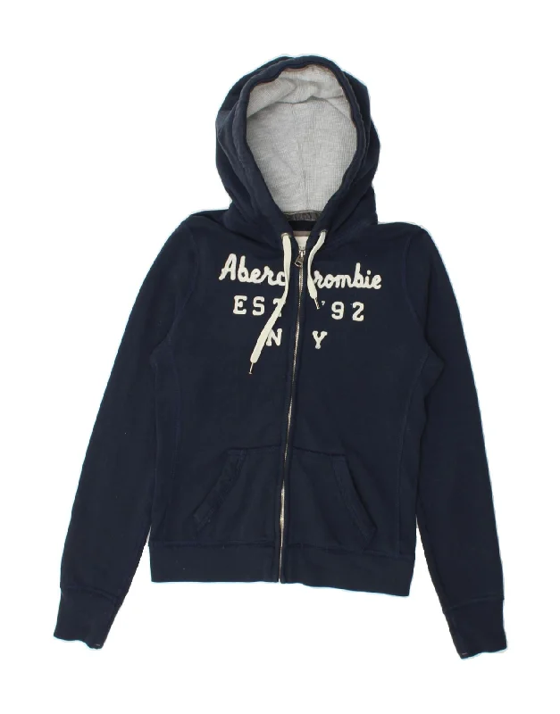 ABERCROMBIE & FITCH Womens Zip Hoodie Sweater UK 12 Medium Navy Blue Solid Color Striped Floral Print