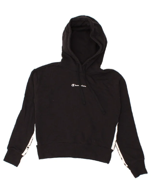 CHAMPION Womens Graphic Hoodie Jumper UK 6 XS Black Cotton Hoodie with Hem Applique Textured Unique