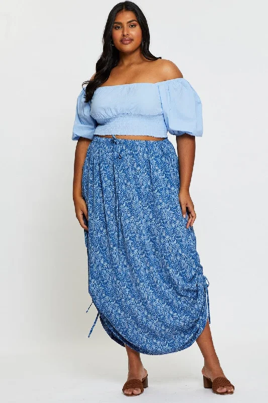 Boho Print Maxi Rushed Skirt Waist Tie linen skirt light