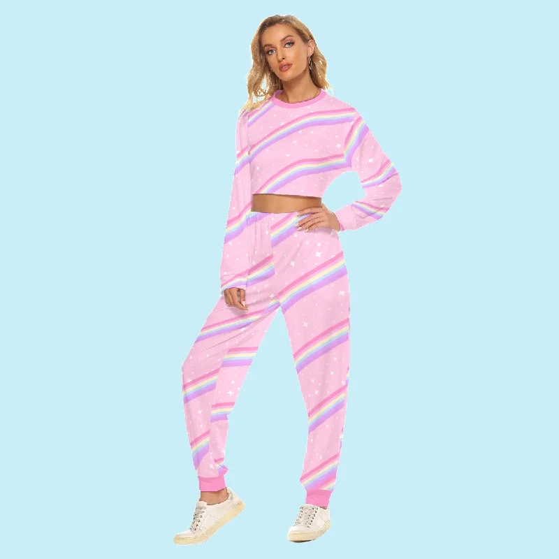 Kawaii Sparkle Cake Rainbow Beam Women's Crop Sweatshirt & Sweatpants Set Hoodie with Double Zipper Versatile Adjustable