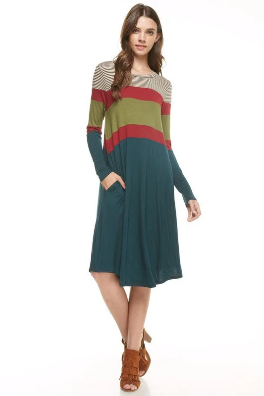 Color Block Stripe Pocket Dress Tunics Print Colorful