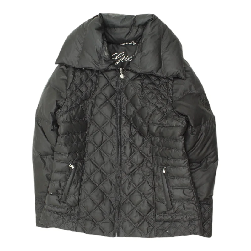 Guess Womens Black Quilted Jacket | Vintage High End Designer Padded Coat Nylon Jacket Polyester Jacket Spandex Jacket