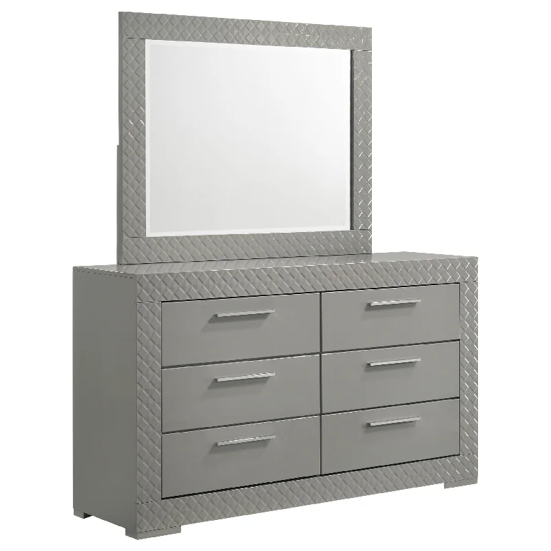 Ives - 6-Drawer Dresser And Mirror - Gray High Gloss Tunics Party sparkling