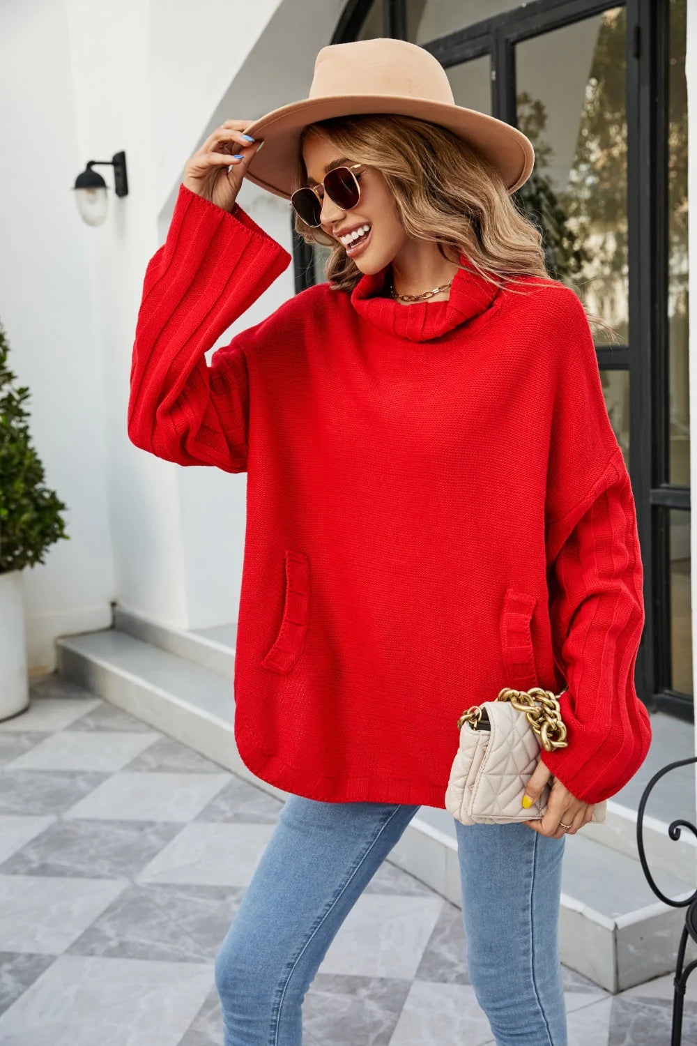 TURTLENECK LONG SLEEVE LOOSE SWEATER Hooded Caped Shawl Collar