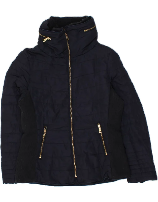 LAURA ASHLEY Womens Hooded Padded Jacket UK 14 Large Navy Blue Colourblock Hooded Jacket Caped Jacket Shawl Collar Jacket