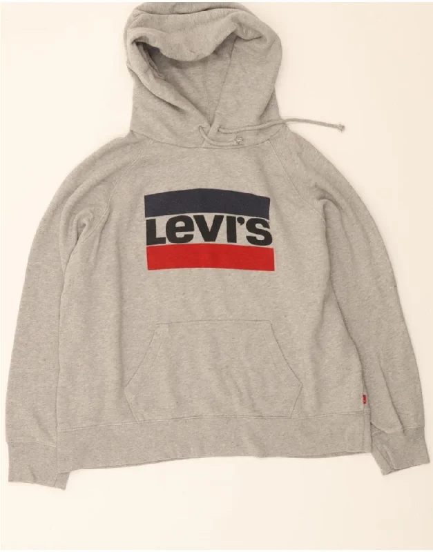 LEVI'S Womens Oversized Graphic Hoodie Jumper UK 16 Large Grey Hoodie with Ribbed Cuffs Snug Fit Comfort