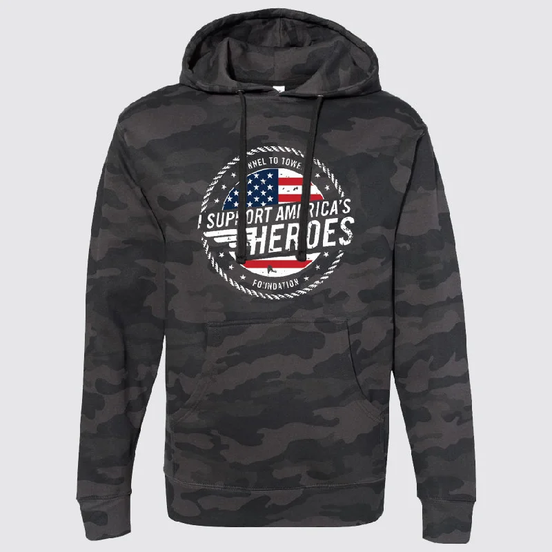 T2T Heroes Hoodie – Unisex (Black Camo) - CLOSEOUT Hoodie with Raw Hem Edgy Unfinished