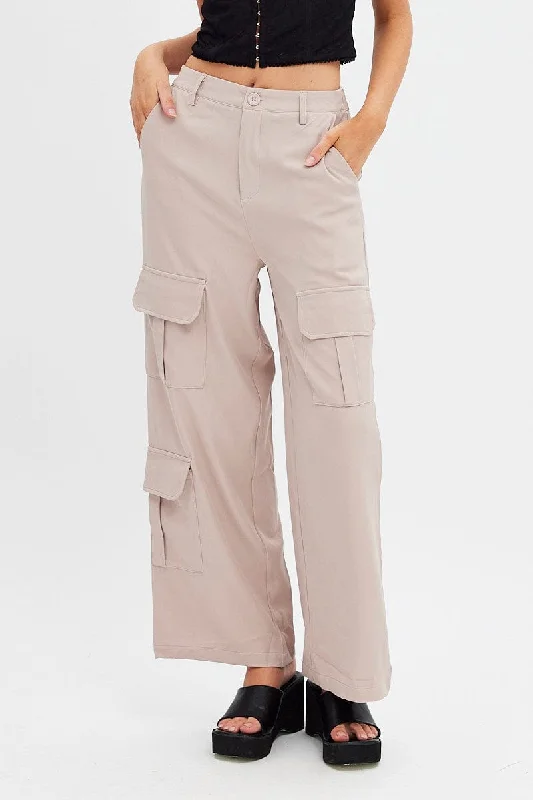 Beige Wide Leg Pants Cargo Pockets Slim Fit Casual Pants