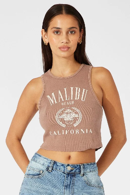Brown Graphic Tank Sleeveless Washed essential tank top