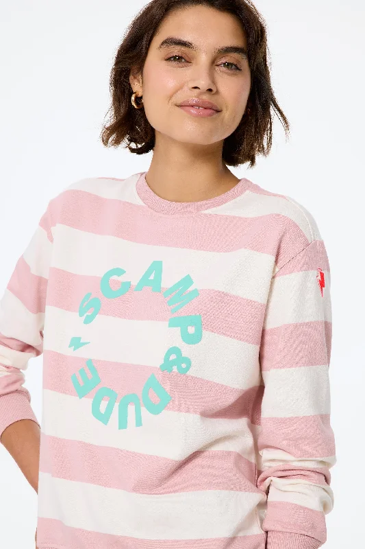 Pink with Cream Stripe and Logo Oversized Sweatshirt Hoodie with Typography Text Message