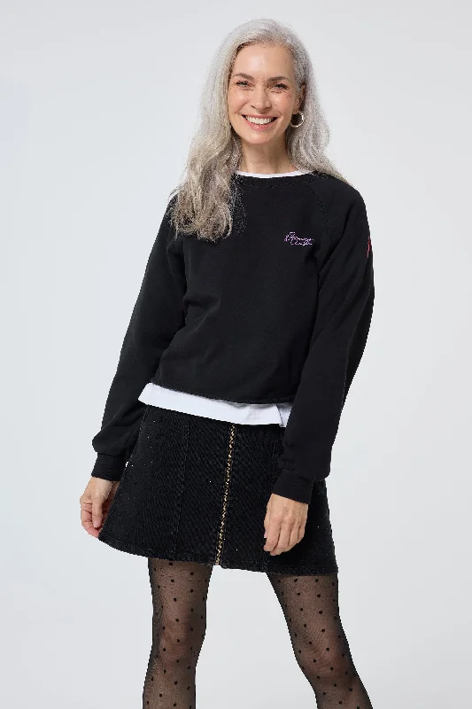 Washed Black Cropped Sweatshirt Hoodie with Lining Warm Insulated